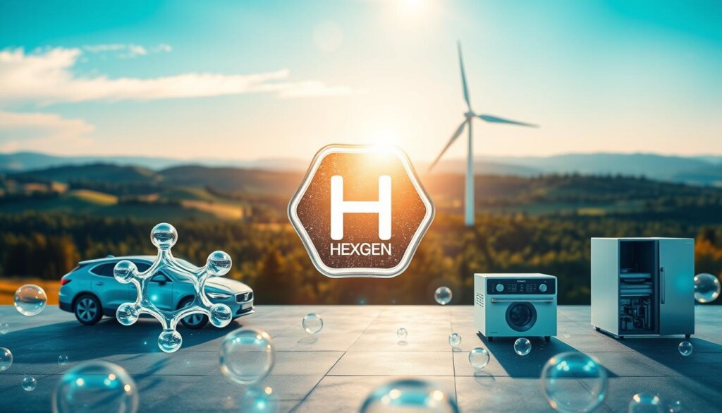 A visually striking and informative image depicting the multifaceted benefits of hydrogen. In the foreground, a translucent hydrogen molecule shimmers, its bonds glowing with a soft, ethereal light. In the middle ground, a diverse array of hydrogen applications unfold: a sleek hydrogen-powered vehicle, a wind turbine harnessing clean energy, and a modern, efficient household appliance. The background reveals a panoramic landscape of rolling hills, lush forests, and a clear, azure sky, symbolizing the environmental harmony hydrogen can foster. The lighting is warm and inviting, with a subtle lens flare creating a sense of optimism and progress. This image conveys the versatility, sustainability, and transformative potential of hydrogen as a clean energy solution.