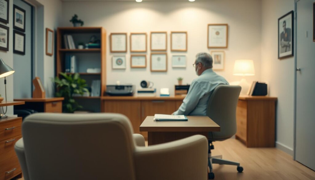 A warm and inviting doctor's office interior with soft lighting, a cozy armchair, and a wooden desk in the foreground. In the middle ground, a person sitting across from a doctor, engaged in a thoughtful discussion. The background features medical diplomas and bookshelves, conveying an atmosphere of trust and professionalism. The lighting casts a gentle glow, creating a calming and approachable ambiance, encouraging open communication between the patient and the doctor. A warm and inviting doctor's office interior with soft lighting, a cozy armchair, and a wooden desk in the foreground. In the middle ground, a person sitting across from a doctor, engaged in a thoughtful discussion. The background features medical diplomas and bookshelves, conveying an atmosphere of trust and professionalism. The lighting casts a gentle glow, creating a calming and approachable ambiance, encouraging open communication between the patient and the doctor.