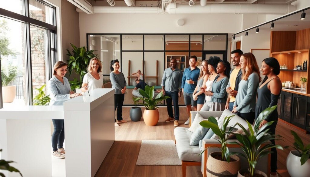 A warm, welcoming group of diverse individuals gathered in a modern, well-lit wellness center. In the foreground, a friendly receptionist greets visitors at a sleek, minimalist front desk. The middle ground features a comfortable lounge area with plush seating, natural wood accents, and potted plants, creating a calming atmosphere. In the background, glimpses of a yoga studio, massage room, and hydration bar can be seen through large windows, hinting at the holistic services offered. The scene is bathed in soft, natural lighting, with a subtle hint of greenery and natural textures throughout, conveying a sense of wellness, community, and tranquility.