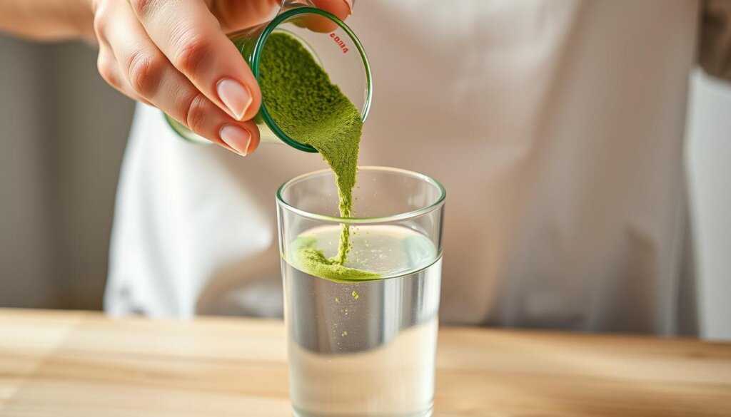 A well-lit close-up of a person's hands carefully measuring and pouring barley grass powder into a glass of water. The powder is vibrant green, creating a striking contrast against the transparent glass. The background is blurred, keeping the focus on the hands and the act of preparing the beverage. The lighting is soft and natural, creating a calming, instructional atmosphere. The camera angle is slightly elevated, giving a sense of care and attention to the process. The overall scene conveys the safe and responsible usage of barley grass powder as a dietary supplement.