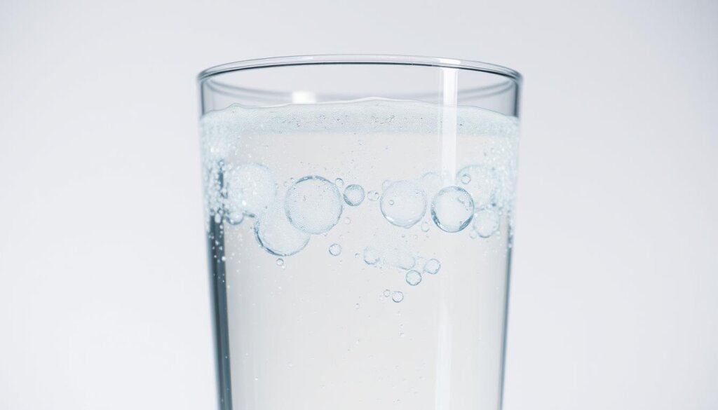 A well-lit, close-up photograph of a clear glass filled with sparkling, effervescent hydrogen-infused water. The water appears crisp and pure, reflecting a soft, natural light from an angle. The glass is set against a simple, neutral background, allowing the water to be the focal point. The image conveys a sense of refreshment and hydration, with the bubbles gently rising to the surface, suggesting the potential benefits of hydrogen water for bladder health and symptom relief.