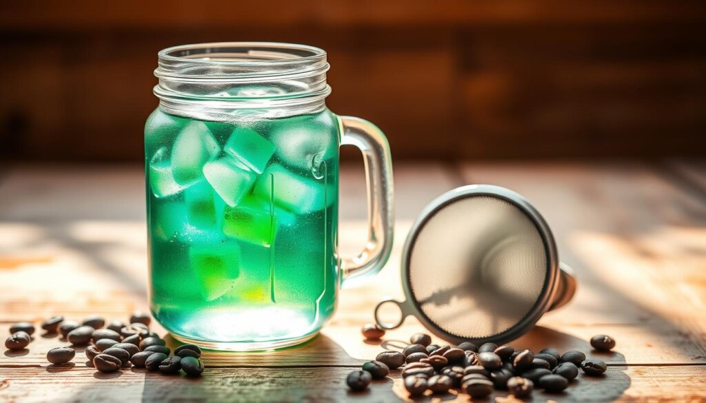 A well-lit glass mason jar filled with a cold, refreshing-looking liquid, showcasing the vibrant blue-green hue of hydrogen-infused water. The jar is placed on a rustic wooden surface, with a handful of freshly roasted coffee beans scattered around it. A single stainless steel filter sits next to the jar, hinting at the cold brew process. The scene is bathed in warm, natural light, creating a calming, inviting atmosphere that evokes a sense of wellness and mindfulness.