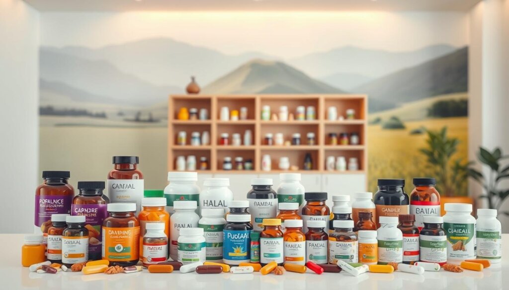 A well-lit, high-quality photograph showcasing an assortment of halal supplements in a modern, clean environment. In the foreground, an array of diverse supplement bottles and containers, neatly arranged and displayed against a white background, capturing the products' vibrant colors and textures. In the middle ground, a minimalist, wooden shelving unit holds additional supplements, creating a sense of depth and organization. The background features a soft, blurred image of a serene, natural landscape, evoking a calming, wellness-focused atmosphere. Warm, diffused lighting from above casts a gentle glow over the scene, highlighting the quality and purity of the halal supplements. The overall composition conveys a sense of professionalism, trustworthiness, and a commitment to health and wellness.