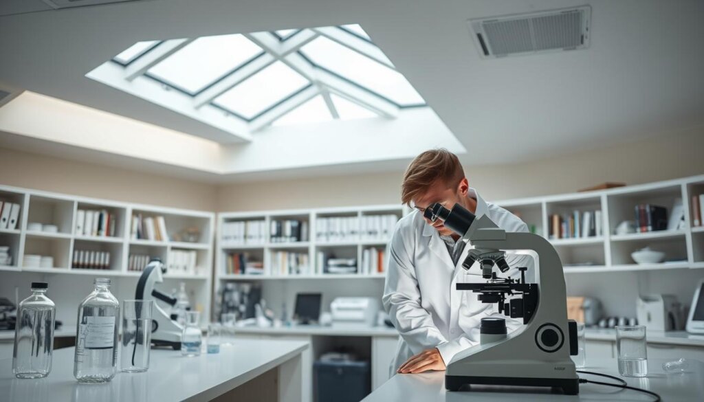 A well-lit laboratory interior, with scientific equipment and glassware on pristine white countertops. In the foreground, a researcher in a white lab coat examines a sample under a high-powered microscope, their face illuminated by the soft glow of the screen. Shelves in the background display neatly organized scientific journals and textbooks. Overhead, a large skylight casts natural light, creating a sense of openness and transparency. The overall atmosphere conveys a mood of diligent, evidence-based research, lending credibility and trustworthiness to the scientific process. A well-lit laboratory interior, with scientific equipment and glassware on pristine white countertops. In the foreground, a researcher in a white lab coat examines a sample under a high-powered microscope, their face illuminated by the soft glow of the screen. Shelves in the background display neatly organized scientific journals and textbooks. Overhead, a large skylight casts natural light, creating a sense of openness and transparency. The overall atmosphere conveys a mood of diligent, evidence-based research, lending credibility and trustworthiness to the scientific process.