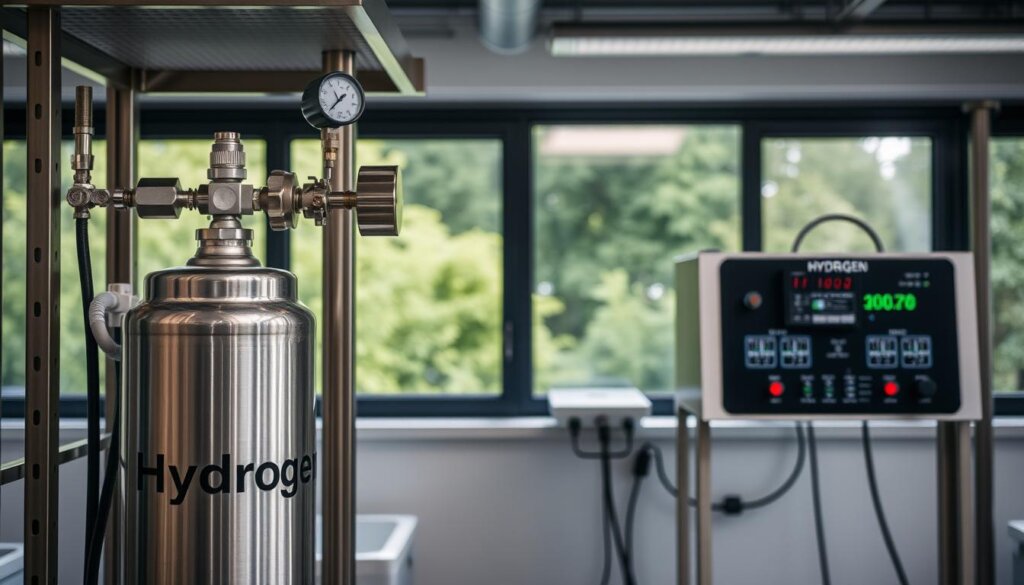 A well-lit laboratory setting with a stainless steel equipment rack showcasing a hydrogen gas delivery system. In the foreground, a sturdy metal cylinder with "Hydrogen" prominently displayed on its side, connected to a series of valves, gauges, and tubing. The midground features a sleek, modern control panel with digital readouts, allowing precise monitoring and regulation of the hydrogen gas flow. In the background, a large window provides a view of a lush, verdant outdoor landscape, creating a serene and calming atmosphere. The overall scene conveys a sense of scientific precision, safety, and environmental awareness in the delivery of this transformative wellness treatment.
