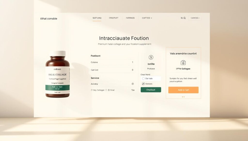 A well-lit, modern e-commerce website interface showcasing a clean and intuitive purchasing flow for a premium halal collagen supplement. In the foreground, a large product image and "Add to Cart" button draw the eye. The middle ground features a streamlined checkout process with secure payment options. In the background, a serene, earthy-toned color palette and minimalist icons convey a sense of wellness and trust. Soft shadows and highlights create depth, while a slightly angled perspective provides an inviting, user-friendly composition.