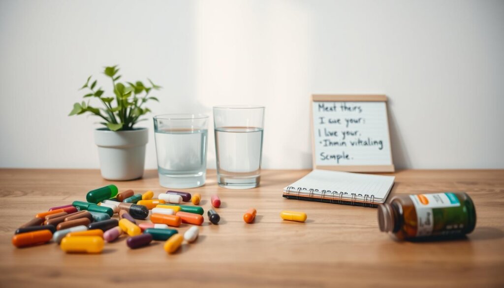 A well-lit, stylized desktop scene showcasing a daily vitamin routine. In the foreground, an assortment of colorful vitamin supplements, neatly arranged on a wooden surface. In the middle ground, a glass of water and a notepad with handwritten reminders. The background features a minimalist, pastel-colored wall, with a potted plant adding a touch of nature. The lighting is soft and diffused, creating a calming, wellness-focused atmosphere. The overall composition emphasizes organization, simplicity, and a thoughtful approach to incorporating vitamins into a daily health regimen.