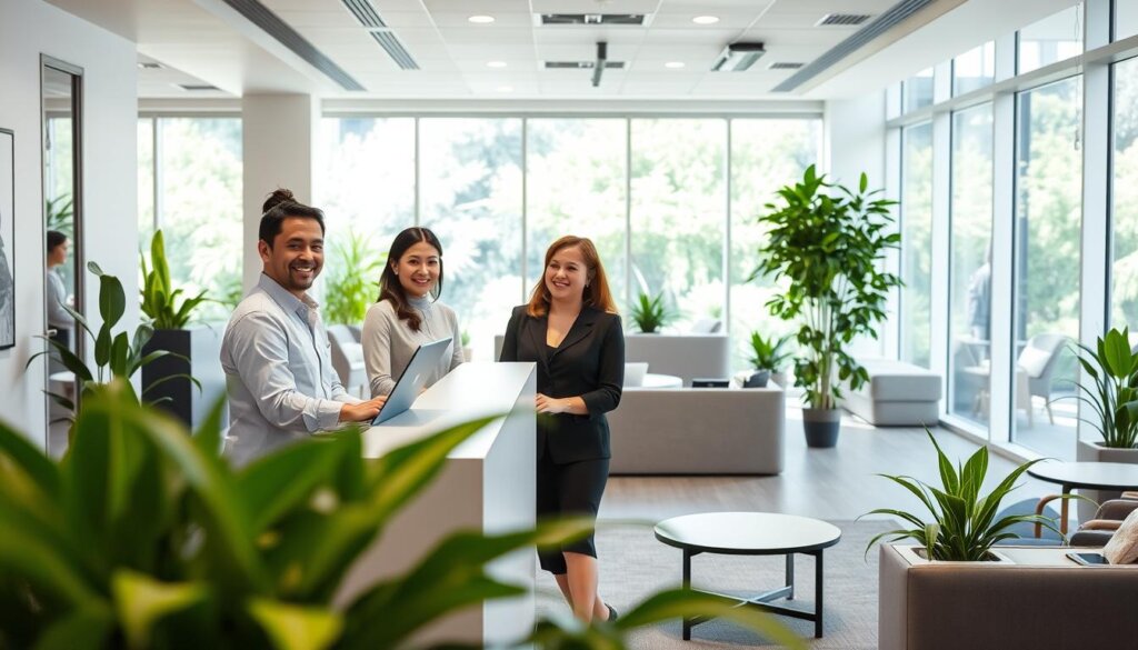 A well-lit, welcoming office space with a team of friendly, professional customer service representatives at Wellness Group. The foreground depicts two smiling staff members assisting a customer at a modern, minimalist reception desk. The middle ground showcases a spacious, open-plan layout with stylish furniture and lush, green potted plants, creating a calming, natural ambiance. The background reveals floor-to-ceiling windows, allowing ample natural light to flood the space and providing a pleasant view of a lush, verdant outdoor setting. The overall scene conveys a sense of approachability, efficiency, and a commitment to holistic well-being.