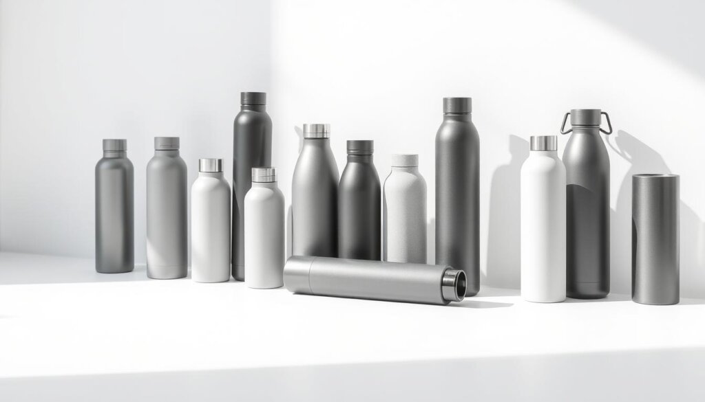 An assortment of sleek, high-quality hydrogen water bottles in various shapes and sizes, artfully arranged on a minimalist white background. The bottles feature streamlined designs, with matte finishes in a range of neutral tones like silver, grey, and black. The bottles are positioned at different angles, creating a sense of depth and visual interest. Soft, natural lighting from the left side casts subtle shadows, accentuating the contours and textures of the bottles. The overall mood is clean, modern, and aspirational, highlighting the premium quality and versatility of these hydrogen water containers.