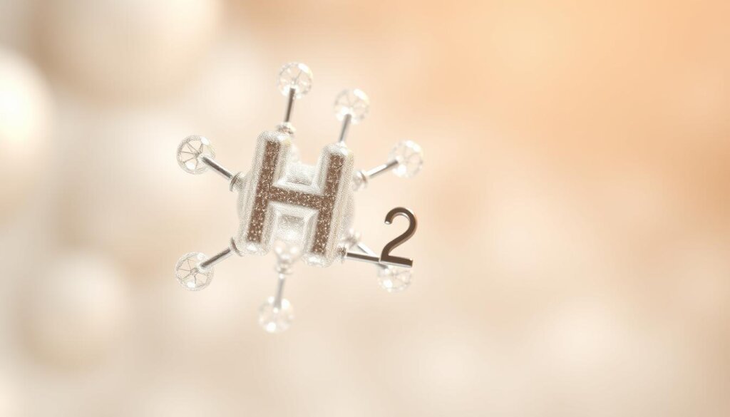 Detailed 3D rendering of a molecular hydrogen (H2) structure, displayed against a softly blurred white background. The H2 molecule is depicted with precise atomic bonds and a shimmering, translucent quality, illuminated by a warm, directional light source casting subtle shadows. The scene conveys a sense of scientific investigation and exploration, hinting at the complex role of hydrogen in biological processes. The image should evoke a mood of curiosity and wonder, reflecting the research gaps and future directions in the field of hydrogen biology.