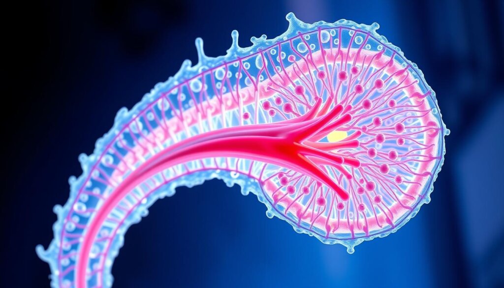 Distal nephron with highly detailed α-intercalated cells, showcasing the process of urine acidification. Bright, crisp lighting illuminates the intricate tubular structure, revealing the specialized ion transport mechanisms. A cross-section view allows for clear visualization of the apical and basolateral membranes, with proton pumps and chloride channels prominently featured. The cellular organelles, such as mitochondria and Golgi apparatus, are meticulously rendered to convey the complex biochemical processes involved. The overall scene has a clinical, educational tone, inviting the viewer to explore the kidney's role in maintaining acid-base balance.