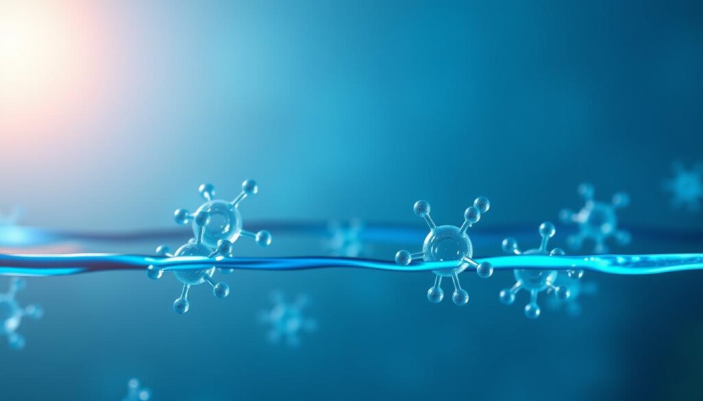 Molecular hydrogen nanoparticles suspended in a glowing blue-tinted fluid, illuminated by a soft, warm light from above. The foreground features the hydrogen molecules in intricate detail, with their electron shells and bond structures visible. The middle ground shows the fluid medium carrying the molecules, with a subtle swirling motion. The background is a soft, hazy gradient, conveying a sense of scientific experimentation and exploration. The overall scene has a calm, contemplative atmosphere, highlighting the precise and delicate nature of the dose delivery process.