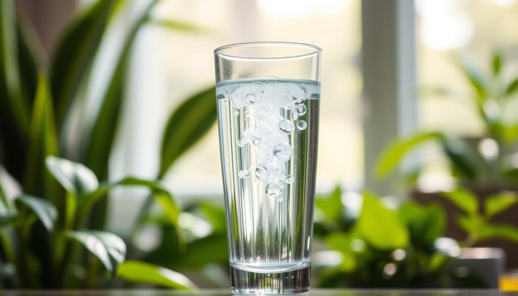 a crisp, clear glass of alkaline water with bubbles gently rising, set against a soft, blurred background of lush green plants and natural sunlight filtering in, creating a serene, wellness-focused atmosphere. The glass is positioned to draw the viewer's attention, with the water appearing vibrant and refreshing. The overall scene conveys the idea of a healthy, natural alternative to regular drinking water, reflecting the section title "Alkaline water claims vs current research".