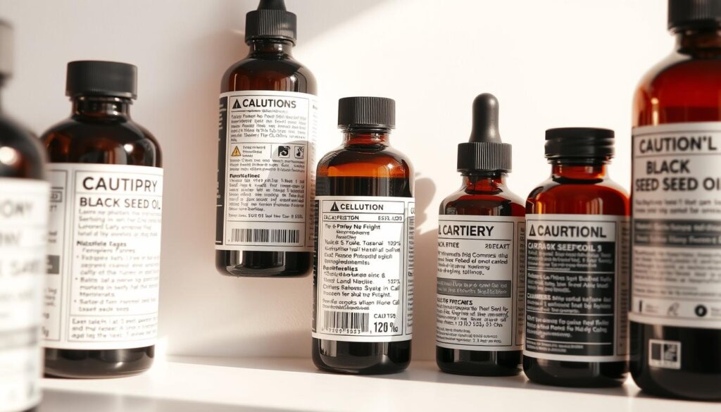 a detailed close-up illustration of black seed oil bottles and containers with cautionary labels and safety information, set against a plain white background with soft shadows, illuminated by warm, diffused lighting to convey a sense of informative clarity and product focus, showcasing the key safety precautions and usage guidelines for this wellness supplement in a visually compelling manner