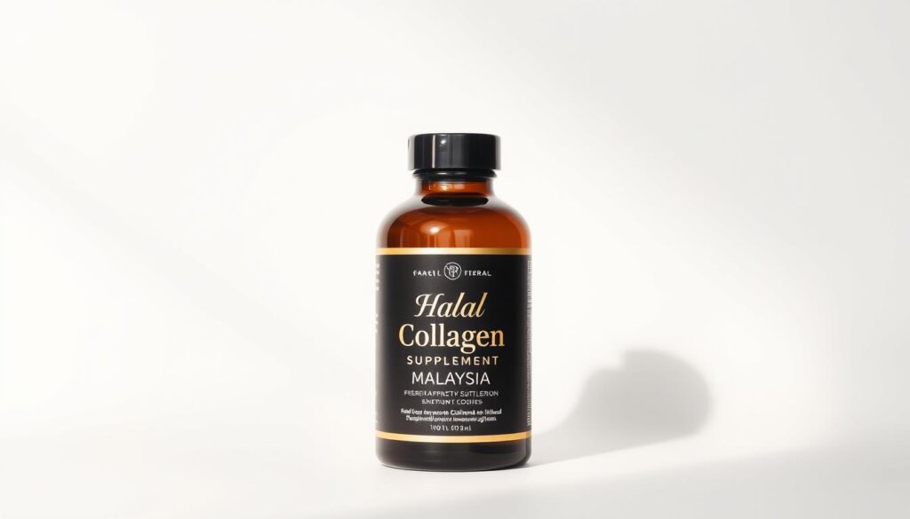 a high-quality, glossy photograph of a halal collagen supplement bottle set against a clean, minimalist white background, casting a soft shadow. The bottle is prominently displayed, showcasing its sleek, modern design with clear labeling indicating "Halal Collagen Supplement Malaysia" in elegant typography. The lighting is soft and diffused, creating a warm, inviting atmosphere that highlights the product's natural, premium quality. The overall composition is well-balanced, drawing the viewer's attention to the key details that make this halal collagen supplement stand out from the competition.