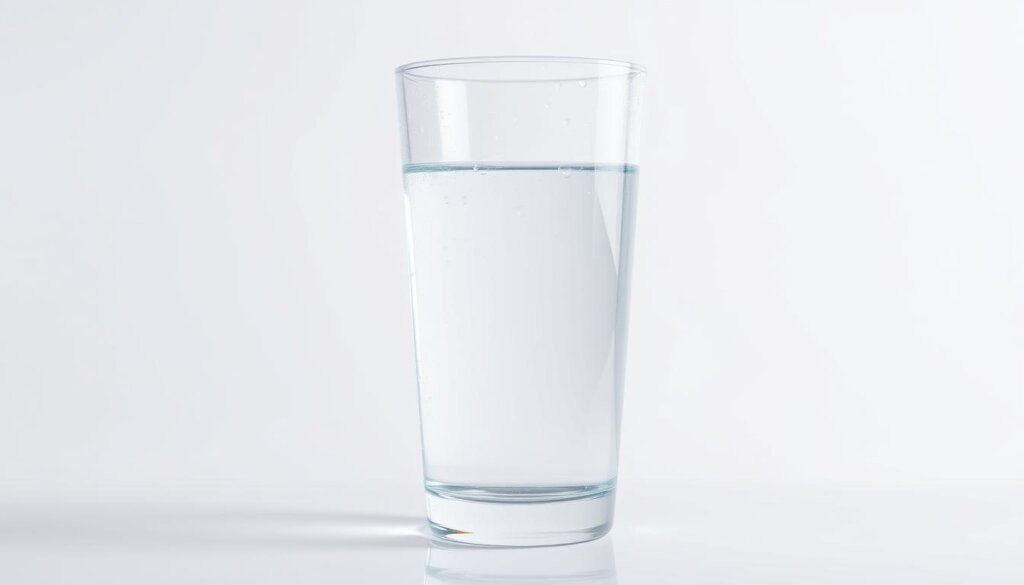 a high-resolution, hyper-realistic photograph of a tall glass of fresh, clear drinking water with condensation beads glistening on the outside, set against a plain white background. The water appears to be slightly alkaline, with a pH of 8.5, and the glass is angled slightly to capture the refraction and light diffraction through the liquid. The lighting is soft and diffused, creating a serene, calming atmosphere. The overall composition emphasizes the purity, clarity, and health benefits of the optimal pH level for drinking water.