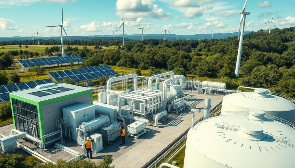 a highly detailed, photorealistic image of a green hydrogen production facility in a serene, natural setting. The facility has modern, sleek structures with various equipment and pipes, all powered by renewable energy sources such as solar panels and wind turbines in the background. The foreground shows workers operating the facility, while the middle ground features storage tanks and distribution equipment. The overall scene conveys a sense of environmental sustainability and technological innovation in the hydrogen production process. a highly detailed, photorealistic image of a green hydrogen production facility in a serene, natural setting. The facility has modern, sleek structures with various equipment and pipes, all powered by renewable energy sources such as solar panels and wind turbines in the background. The foreground shows workers operating the facility, while the middle ground features storage tanks and distribution equipment. The overall scene conveys a sense of environmental sustainability and technological innovation in the hydrogen production process.