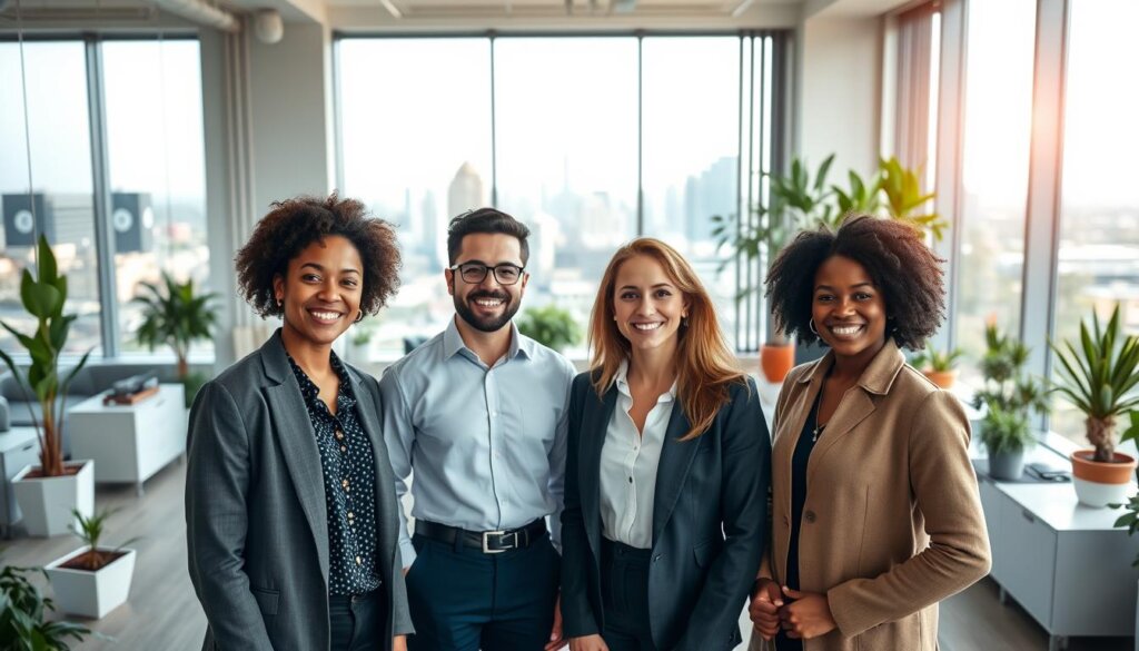 a professional, high-quality photograph of a group of diverse people in a modern, well-lit office setting, arranged in a wellness group configuration. The foreground features a team of 4-5 smiling, approachable individuals in business casual attire, arranged in an open, collaborative circle. The middle ground showcases a clean, minimalist workspace with ergonomic furniture, plants, and other wellness-oriented decor. The background depicts floor-to-ceiling windows overlooking a scenic city skyline, creating a sense of openness and connection to the broader community. The lighting is soft and natural, highlighting the welcoming atmosphere. The overall mood is one of warmth, professionalism, and a commitment to health and wellness solutions.