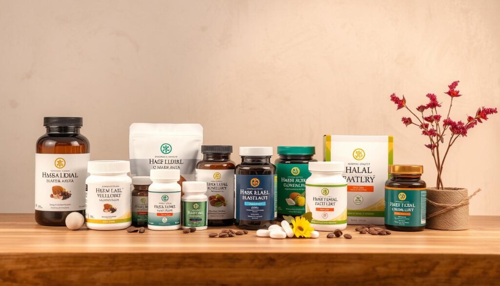 a professional still life photograph of premium health products from Wellness Group, Malaysia, showcasing a variety of high-quality halal supplements and wellness items arranged on a wooden table with a neutral background. The products are displayed in an elegant, visually appealing manner, highlighting their quality and craftsmanship. The lighting is soft and diffused, creating a warm, inviting atmosphere. The camera angle is slightly elevated, providing a clear, unobstructed view of the products. The overall composition is balanced and aesthetically pleasing, conveying a sense of premium, trustworthy health and wellness.