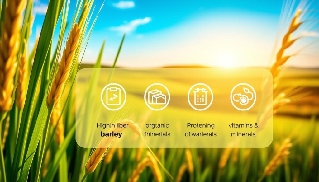 a vibrant, high-resolution image depicting the key benefits of organic barley from Wellness Group Malaysia. In the foreground, a close-up of fresh, lush green barley stalks with golden grains shimmering in natural sunlight. In the middle ground, a transparent overlay showcases icons and text highlighting the barley's nutritional properties - high in fiber, protein, vitamins, and minerals. The background features a serene, pastoral landscape of rolling hills, a clear blue sky, and a warm, glowing atmosphere, evoking a sense of wellness and vitality. The lighting is soft and diffused, creating a natural, organic feel. The overall composition conveys the abundant natural energy and health benefits of Wellness Group's premium organic barley.