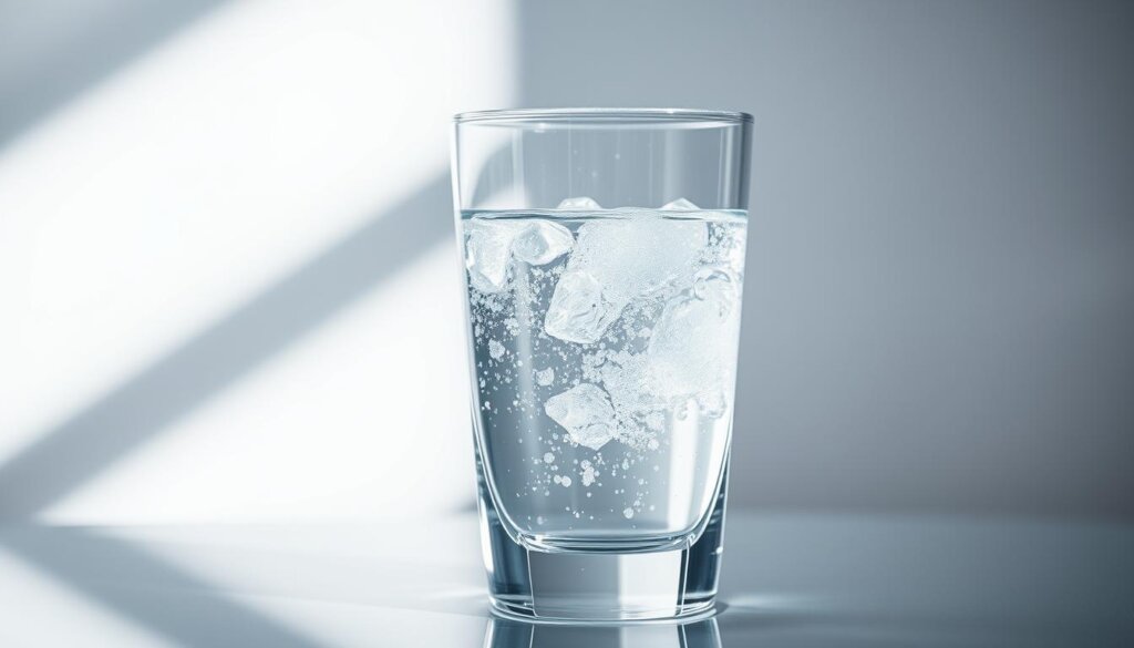 A clean, well-lit glass container filled with sparkling, crystal-clear hydrogen-infused water, set against a modern, minimalist backdrop. The water appears to glow with a subtle, ethereal luminescence, creating an aura of purity and rejuvenation. The container's sleek, angular design reflects the light, casting soft shadows that add depth and dimensionality to the scene. The overall mood is one of calm, serenity, and the promise of wellness, inviting the viewer to imagine the potential benefits of this unique water source.