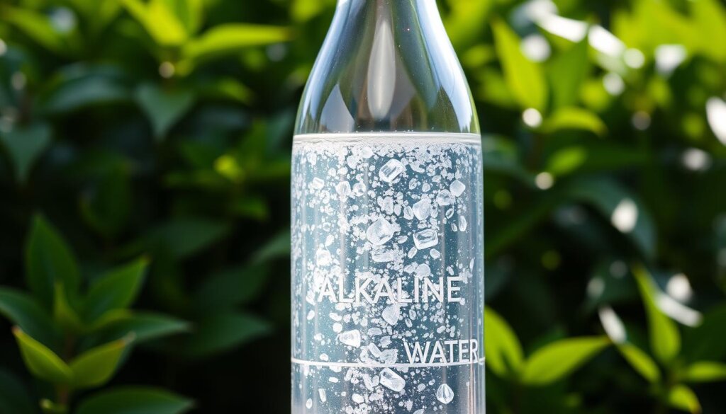 A clear glass bottle filled with shimmering, translucent alkaline water, set against a serene backdrop of lush green foliage. The water glistens under soft, natural lighting, casting a gentle, calming glow. The bottle's label features minimal, elegant typography, highlighting the key properties of the alkaline water. The overall composition conveys a sense of purity, health, and wellness, reflecting the characteristics of the featured product. A clear glass bottle filled with shimmering, translucent alkaline water, set against a serene backdrop of lush green foliage. The water glistens under soft, natural lighting, casting a gentle, calming glow. The bottle's label features minimal, elegant typography, highlighting the key properties of the alkaline water. The overall composition conveys a sense of purity, health, and wellness, reflecting the characteristics of the featured product.