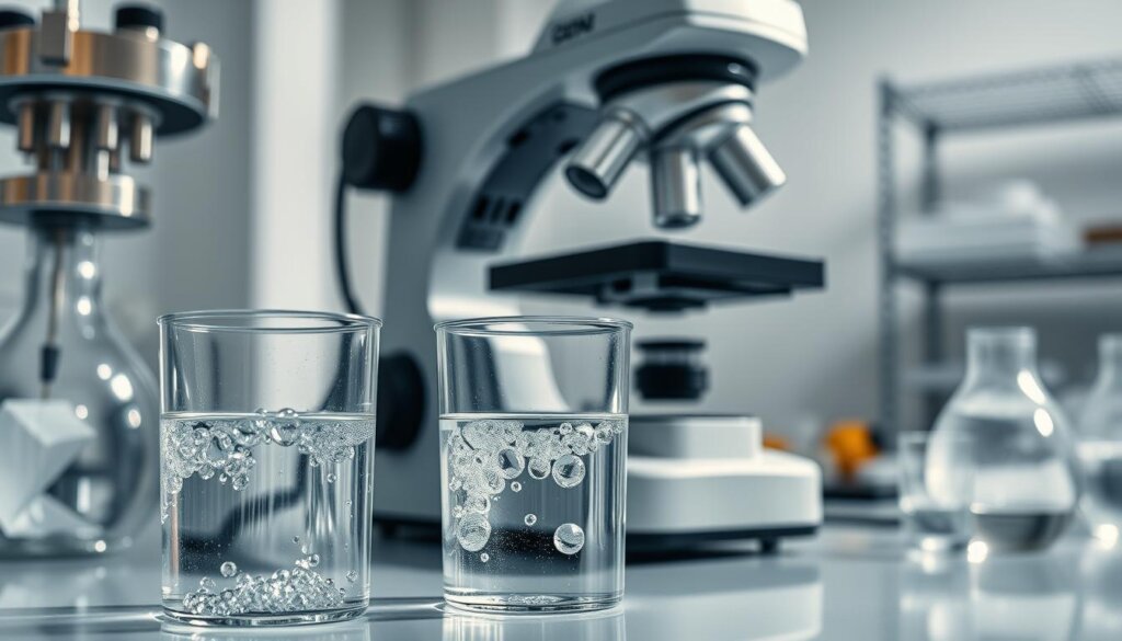 A clinical laboratory setting with a focused, well-lit study of hydrogen water samples. In the foreground, clear glass beakers filled with pristine, glimmering water. Subtle bubbles rise to the surface, capturing the essence of hydrogen enrichment. Reflective metal laboratory instruments surrounding the water samples, conveying a sense of precise scientific inquiry. The middle ground features a sleek, modern microscope with a crisp, high-resolution lens, hinting at the advanced analysis to come. The background showcases a clean, organized workspace with minimalist white walls and steel shelving, emphasizing the professional, evidence-based nature of the research. Soft, directional lighting casts subtle shadows, creating depth and drawing the viewer's attention to the central hydrogen water samples.