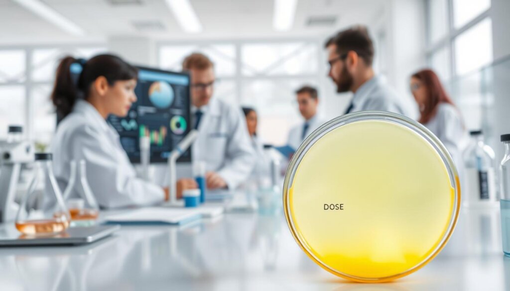 A clinical laboratory setting with a sleek, modern aesthetic. In the foreground, a petri dish filled with a vibrant, glowing liquid, representing the dose concentration levels. Surrounding it, various scientific instruments and equipment, including pipettes, graduated cylinders, and a computer display showing data visualizations. The middle ground features a team of researchers in white lab coats, examining the samples and analyzing the results. The background depicts a clean, well-lit room with large windows, allowing natural light to flood the space and create a sense of openness and transparency. The overall mood is one of precision, professionalism, and the pursuit of scientific understanding.