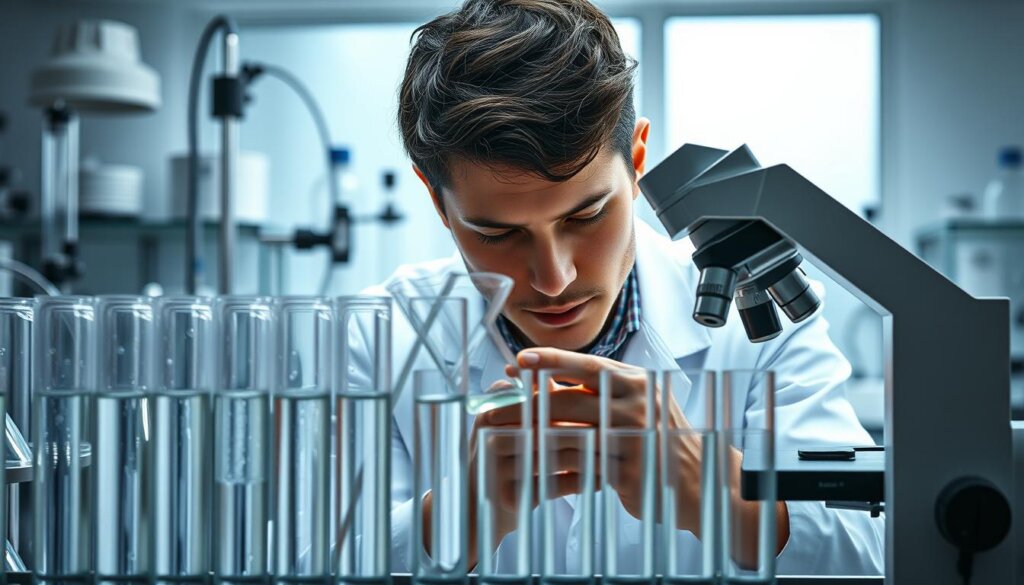 A clinical research laboratory setting with rows of test tubes and beakers filled with a clear, bubbling liquid. The foreground features a researcher in a lab coat carefully examining a sample under a high-powered microscope, their face reflecting a look of deep concentration. In the background, various scientific instruments and equipment are arranged neatly, casting a soft, diffused lighting onto the scene. The overall mood is one of scientific inquiry and the pursuit of medical advancements, with a sense of hope and promise for the potential benefits of this hydrogen-rich water treatment.