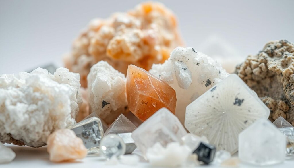 A close-up, detailed view of various calcium and magnesium mineral specimens, arranged in a visually appealing composition. The minerals are displayed against a neutral, soft-focus background, allowing the unique textures, colors, and crystalline structures to take center stage. The lighting is natural and diffused, highlighting the translucent and reflective qualities of the minerals. The camera angle is slightly elevated, providing a balanced and aesthetically pleasing perspective. The overall mood is one of scientific curiosity and appreciation for the beauty of these essential earth elements.