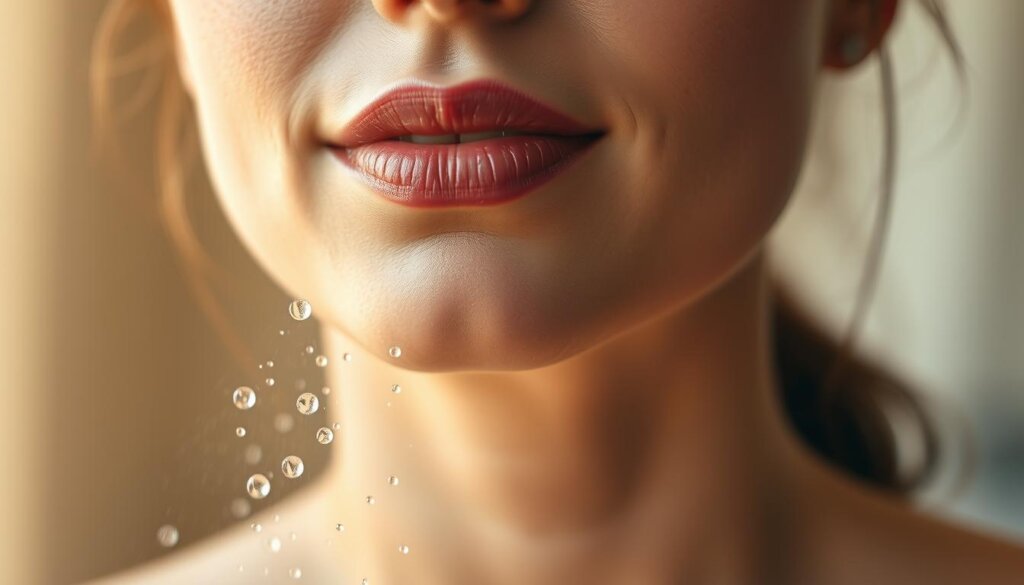 A close-up, macro photograph of a woman's glowing, hydrated skin, illuminated by soft, natural lighting. The skin appears supple and radiant, with a healthy, luminous glow. In the foreground, droplets of "hydrogen water" are visibly misting the skin, creating a refreshing, revitalizing effect. The background is blurred, keeping the focus on the skin's luminous texture and improved appearance. The lighting is warm and diffused, emphasizing the skin's newfound vitality and youthful radiance. The overall atmosphere conveys a sense of wellness, relaxation, and the transformative power of hydrogen-infused water for skin health.