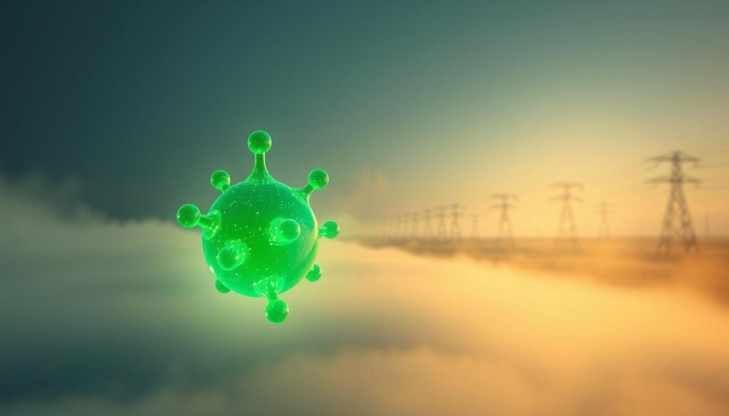 A close-up view of a glowing green hydrogen molecule, its atoms shimmering with a vibrant, luminescent energy. The molecule is suspended in a serene, fog-filled landscape, illuminated by a soft, diffused light that casts a hazy, ethereal atmosphere. In the background, a grid of power lines and electrical towers stretches out, representing the integration of this sustainable energy source into the wider electrical grid. The overall scene conveys the transformative potential of green hydrogen as a clean, reliable means of energy storage and grid balancing, harnessing the abundant power of renewable resources.
