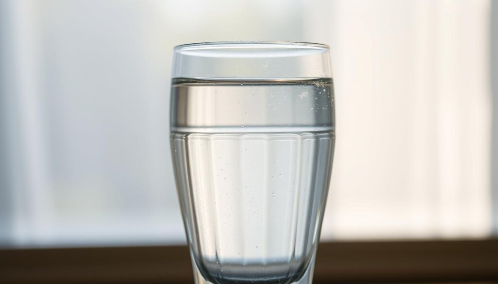 A crystal-clear glass filled with hydrogen-rich water, gently illuminated by soft, natural light streaming through a window. The liquid glimmers with a subtle, silvery sheen, reflecting the gentle curves of the vessel. Tiny, sparkling bubbles dance on the surface, hinting at the high concentration of dissolved hydrogen gas. The composition is balanced, with the glass positioned centrally, allowing the viewer to focus on the captivating essence of this life-enhancing elixir.