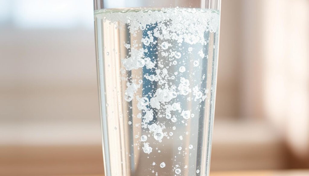 A crystal clear glass of sparkling, effervescent hydrogen-infused water, capturing the essence of natural vitality. Sunlight gently streams through the liquid, highlighting the delicate bubbles ascending from the bottom. The water exudes a pure, clean aesthetic, emanating a sense of refreshing purity. The glass is positioned against a soft, blurred background, allowing the subject to take center stage and captivate the viewer's attention. The lighting is balanced, creating a warm, inviting atmosphere that showcases the vibrant, vibrant nature of the hydrogen water.