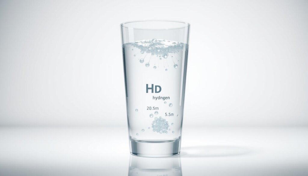 A detailed 3D cutaway diagram depicting the hydrogen concentration levels within a glass of water. The foreground shows the glass filled with clear, pristine water, while the middle ground reveals a cross-section exposing the varying hydrogen concentrations throughout the liquid. The background features a neutral, minimalist environment with soft, diffuse lighting to highlight the scientific nature of the illustration. Technical details such as depth of field, soft shadows, and high-resolution textures contribute to the professional, educational aesthetic suitable for a technical article.