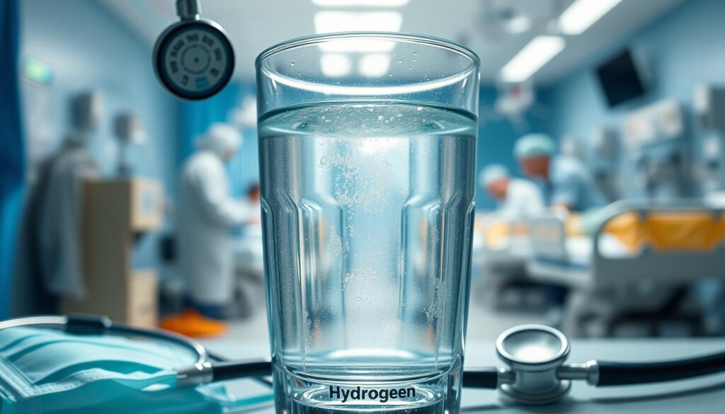 A detailed, close-up view of a transparent glass containing hydrogen-rich water, surrounded by medical equipment such as a stethoscope, surgical mask, and oxygen supply tubing. The water has a slight shimmer, reflecting the bright clinical lighting above. In the background, a blurred medical setting with hospital beds and medical professionals tending to patients. The scene conveys a sense of clinical efficacy and the potential for hydrogen water in respiratory health contexts, including COVID-19 treatment.
