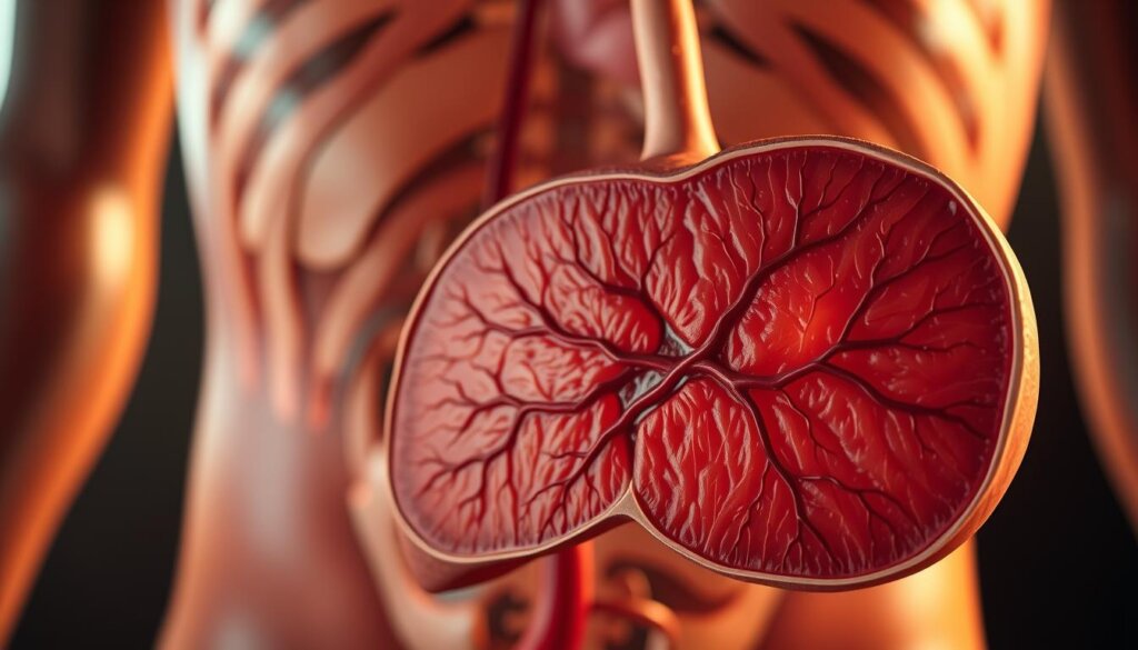 A detailed cross-sectional view of a healthy human liver, rendered in a realistic and scientifically accurate style. The liver is shown in the foreground, with its intricate internal structure and vascular network clearly visible. The middle ground features a subtle background depicting the surrounding abdominal anatomy, while the background is softly blurred, conveying a sense of depth and focus on the liver. The lighting is warm and natural, highlighting the rich, reddish-brown hue of the liver tissue. The overall mood is one of scientific understanding and appreciation for the critical role the liver plays in the body's detoxification and metabolic processes.