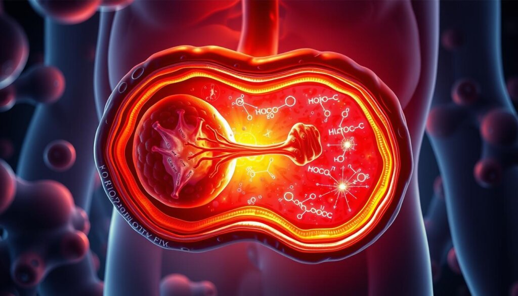 A detailed, scientifically-accurate illustration of oxidative stress in the human body. A cross-section of cells showing mitochondria, free radicals, and antioxidant enzymes. Vibrant colors depicting the metabolic processes, with a sense of dynamic energy and chemical reactions. Soft lighting casts shadows, highlighting the intricate structures. The composition emphasizes the balance between oxidants and antioxidants, reflecting the delicate equilibrium that sustains cellular health. An educational, visually-impactful image to convey the complex mechanisms underlying oxidative stress.