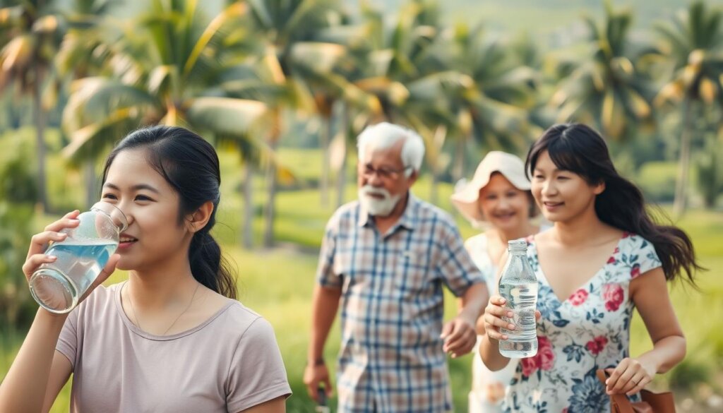 A diverse group of individuals in a serene Malaysian setting, enjoying the refreshing benefits of hydrogen-infused water. In the foreground, a young mother and her child sipping from glass bottles, their faces radiating a sense of calm and rejuvenation. In the middle ground, an elderly couple strolling hand-in-hand, their steps lighter as they bask in the gentle sunlight. In the background, a lush, verdant landscape with palm trees swaying softly, creating a tranquil and inviting atmosphere. The overall scene conveys a harmonious and inclusive representation of those who might benefit most from the wellness properties of hydrogen water.