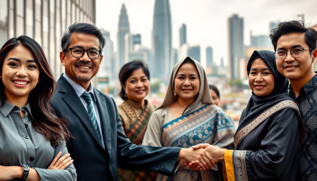 A diverse group of individuals, representing the vibrant Malaysian society, standing with confidence and purpose. In the foreground, a young professional woman, her warm smile and determined gaze conveying a sense of optimism and capability. Alongside her, a seasoned business executive, his sharp suit and firm handshake exuding an aura of experience and leadership. In the middle ground, a community leader, their traditional dress and welcoming posture symbolizing the inclusive nature of the Malaysian community. In the background, a bustling cityscape, its gleaming skyscrapers and vibrant streets setting the stage for the emerging talent and entrepreneurial spirit of the nation. Soft, natural lighting illuminates the scene, creating a sense of warmth and approachability. The overall composition reflects the diverse, dynamic, and forward-thinking nature of Malaysia's population.