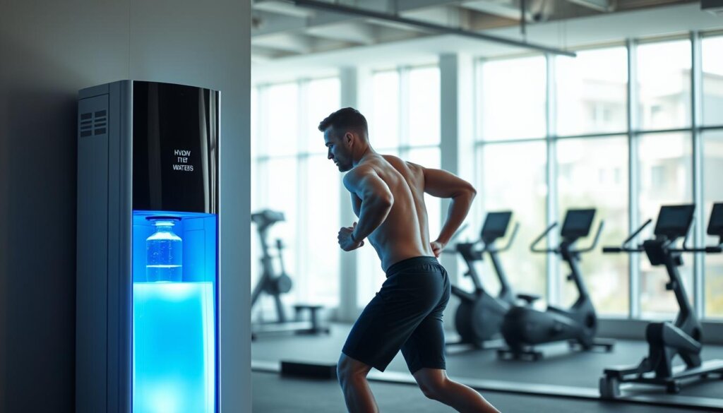 A dynamic scene of a person engaged in hydrogen water exercise. In the foreground, a muscular athlete in athletic gear is mid-stride, their body language conveying intense focus and determination. The middle ground features a sleek, modern hydrogen water dispenser, emitting a faint blue glow that bathes the scene in a tranquil, futuristic light. In the background, a minimalist gym interior with state-of-the-art equipment and large windows allowing natural daylight to stream in, creating a sense of openness and energy. The overall mood is one of wellness, performance, and the synergistic benefits of hydrogen water and exercise.