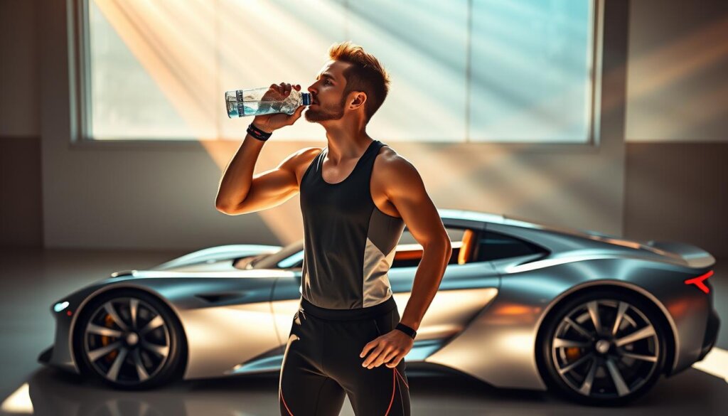 A dynamic scene of an athlete drinking hydrogen-infused water against the backdrop of a sleek, futuristic sports car. The athlete, clad in high-performance athletic gear, stands in a well-lit studio, their movements captured with a crisp, high-resolution lens. Beams of light stream through the windows, casting a warm, energizing glow on the subject. The car, a gleaming metallic frame, serves as a visual metaphor for the power and efficiency of the hydrogen-enriched water, its advanced technology mirroring the advanced properties of the beverage. The overall mood is one of vitality, focus, and the pursuit of peak performance, capturing the essence of the "Performance and Recovery for Active Travelers" section of the article.