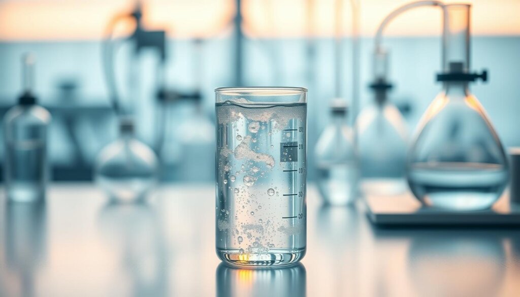 A glass beaker filled with clear, effervescent hydrogen-infused water, placed on a sleek, minimalist laboratory table. Ambient lighting casts a soft, warm glow, highlighting the subtle bubbles rising through the liquid. The beaker is positioned in the foreground, with a blurred background of scientific apparatus, conveying a sense of scientific research and exploration. The overall scene exudes a feeling of purity, innovation, and the potential health benefits of hydrogen water.