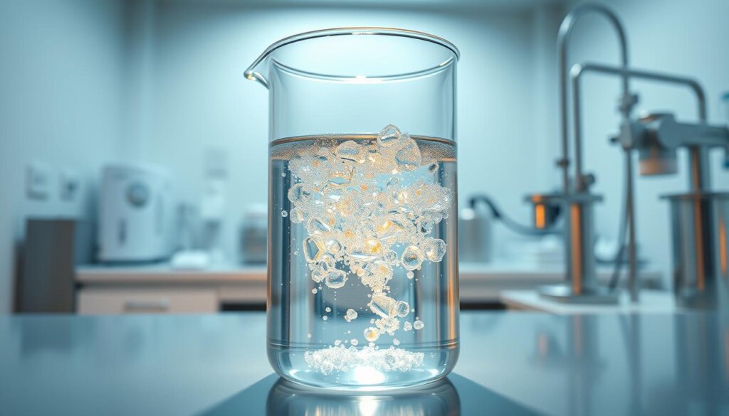 A glass beaker filled with crystal-clear, sparkling water, gently illuminated by soft, warm lighting. The water's surface reflects the gentle play of light, hinting at the presence of dissolved hydrogen gas. In the background, a clean, minimalist laboratory setting, with stainless steel equipment and clinical white surfaces, conveying a sense of scientific precision and wellness. The overall mood is one of purity, natural vitality, and the promise of improved metabolic and cardiovascular health.