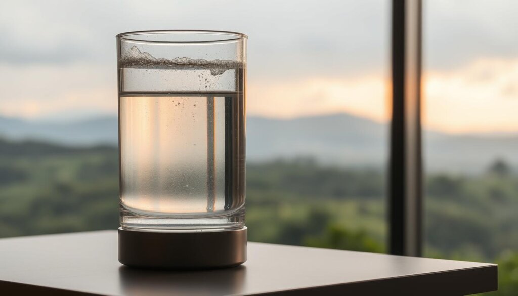 A glass container filled with clear, shimmering liquid, reflecting the warm glow of a soft, diffused light. The water's surface gently ripples, hinting at the presence of tiny hydrogen bubbles rising to the top. The container is placed on a sleek, modern table, its minimalist design complementing the natural, calming atmosphere. In the background, a serene landscape unfolds, with lush greenery and a tranquil, overcast sky, conveying a sense of serenity and well-being. This image encapsulates the essence of "hydrogen water" as a wellness-focused, natural solution, perfectly suited to illustrate the "Work With Wellness Group in Malaysia" section of the article.