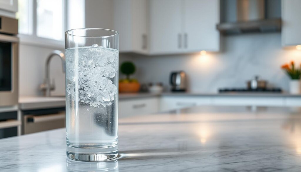 A glass container filled with crystal clear, sparkling hydrogen-infused water, resting on a pristine kitchen counter made of natural stone. Soft, diffused lighting illuminates the scene, casting a warm, inviting glow. The water's surface reflects the surroundings, creating a sense of depth and tranquility. In the background, a clean, modern kitchen with minimalist white cabinets and stainless steel appliances, hinting at the practical, wellness-focused environment. The overall atmosphere is one of purity, simplicity and the promise of a healthful culinary experience.