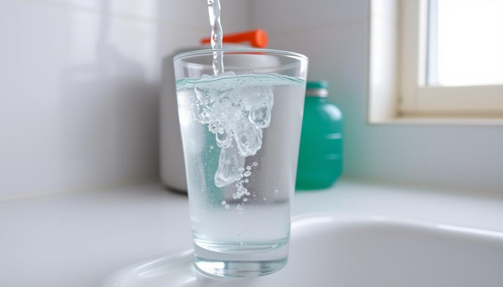 A glass filled with clear, sparkling tap water, resting on a clean, light-colored kitchen counter. The water's surface reflects the surrounding environment, with a few small bubbles rising to the top. The light from a nearby window casts a soft, natural glow, highlighting the purity and transparency of the water. The scene conveys a sense of simplicity, cleanliness, and the basic necessity of clean drinking water. The overall mood is one of refreshment and the everyday realities of water access and quality in Malaysia.
