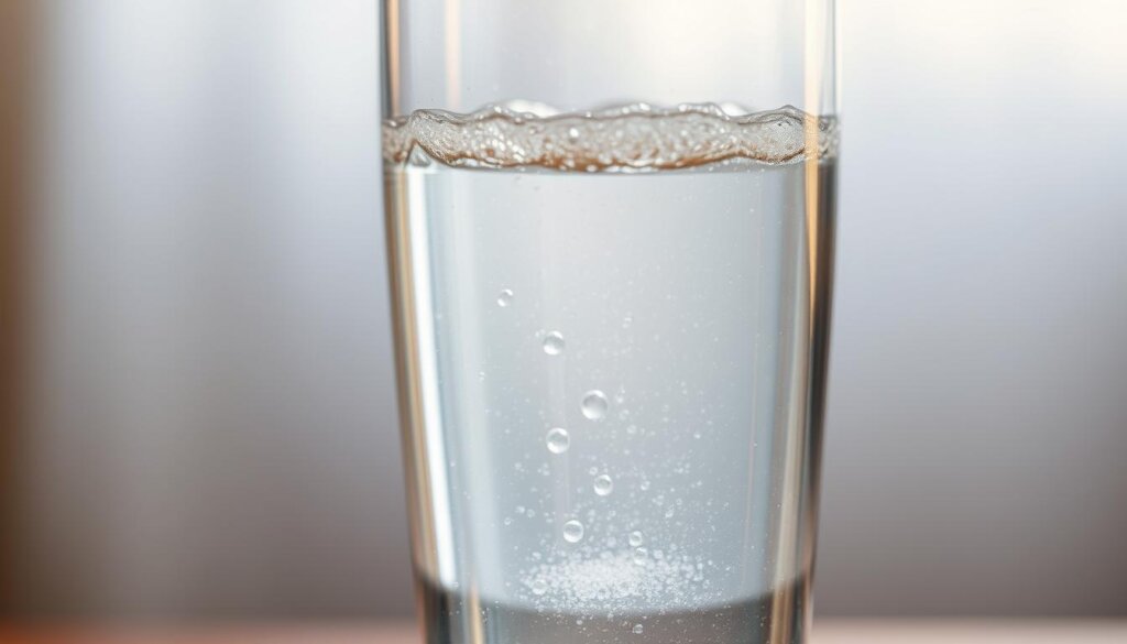 A glass filled with clear, sparkling water, illuminated by soft, warm lighting that casts gentle shadows. In the foreground, a few bubbles rise to the surface, hinting at the subtle effervescence of hydrogen-infused water. The background is blurred, allowing the viewer to focus on the captivating transparency and purity of the liquid. The entire scene is captured through a crisp, high-resolution lens, showcasing the alluring visual qualities of this unique water source.