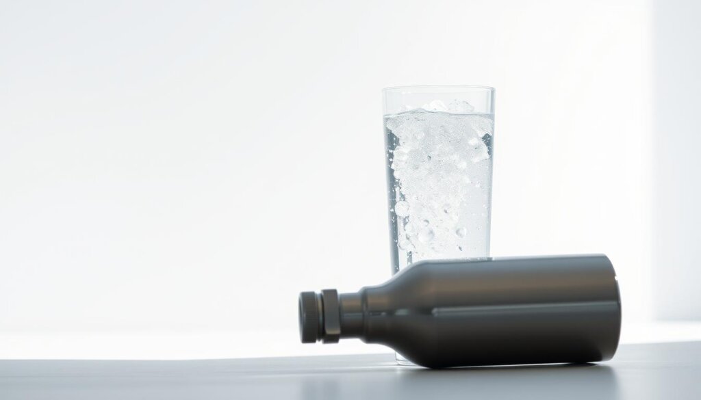 A glass filled with crystal clear, effervescent water against a clean, minimalist backdrop. The water glimmers with tiny bubbles, casting a soft, diffused light. In the foreground, a sleek, metallic water bottle rests, its surface reflecting the luminous liquid. The background is a serene, out-of-focus environment, suggesting a relaxing, wellness-oriented setting. The overall mood is one of purity, hydration, and rejuvenation, capturing the essence of "hydrogen water" and its potential benefits for exercise performance, fatigue reduction, and recovery. A glass filled with crystal clear, effervescent water against a clean, minimalist backdrop. The water glimmers with tiny bubbles, casting a soft, diffused light. In the foreground, a sleek, metallic water bottle rests, its surface reflecting the luminous liquid. The background is a serene, out-of-focus environment, suggesting a relaxing, wellness-oriented setting. The overall mood is one of purity, hydration, and rejuvenation, capturing the essence of "hydrogen water" and its potential benefits for exercise performance, fatigue reduction, and recovery.