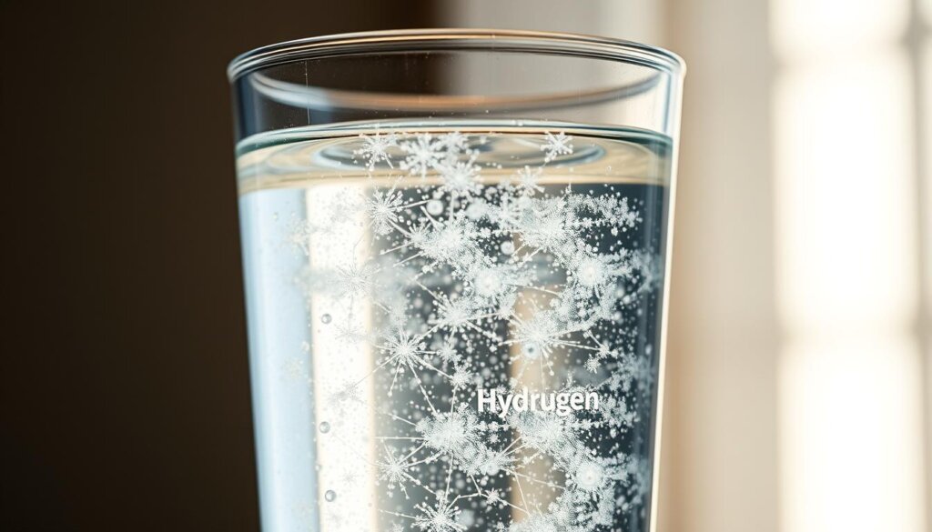 A glass vessel filled with clear, sparkling liquid, emitting a soft, natural glow. The water's surface reflects the clean, minimalist design of the container, hinting at the purity and simplicity of the hydrogen-infused contents. Diffused lighting from above casts a warm, inviting ambiance, emphasizing the refreshing and revitalizing nature of the hydrating liquid. The scene is captured in a close-up perspective, drawing the viewer's attention to the subtle details and the captivating essence of this innovative, wellness-focused water.